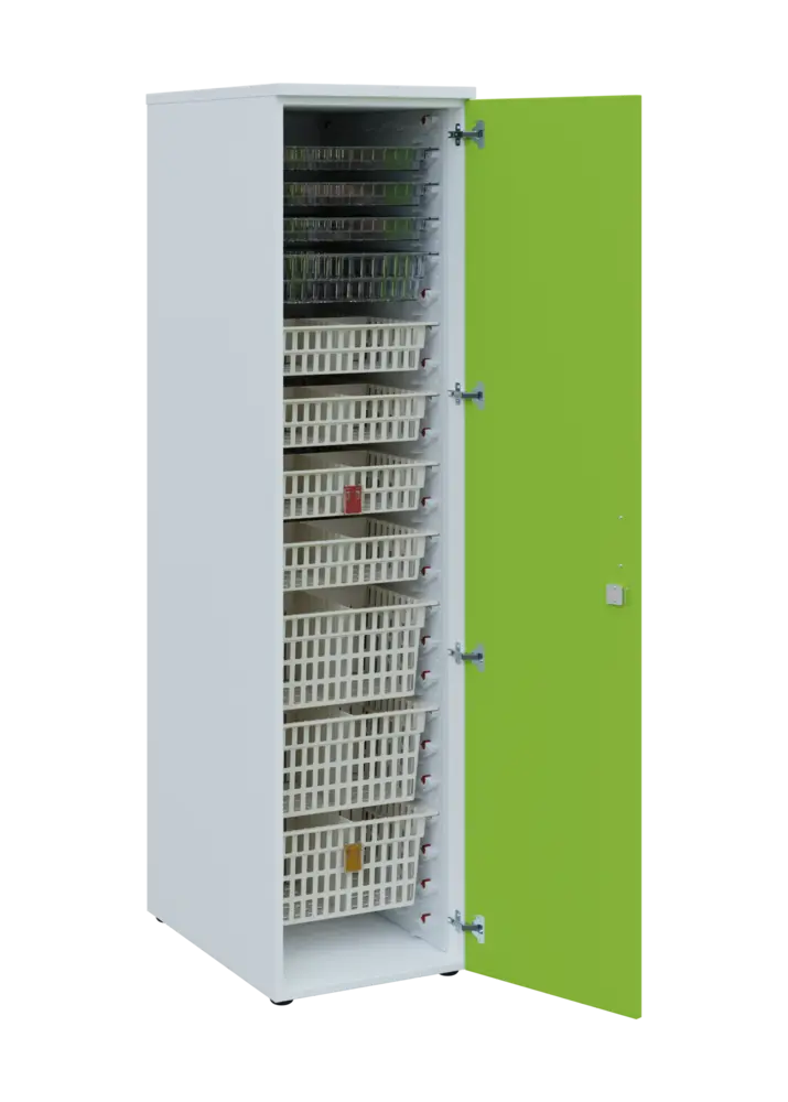 EUROMEDICA D - 46 skříň léková boxová, 1-dveřová, pravá, 1950x460x735, korpus bílý, dvířka jarní zeleň